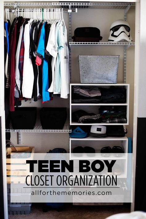 Teen boy closet organization and the art of the clothes roll with @rubbermaid ad #FreeYourClutter Teen Closet Organization, Dorm Room Shelves, Boy Closet, Teen Closet, Guy Dorm Rooms, Closet Redo, Teenage Clothes