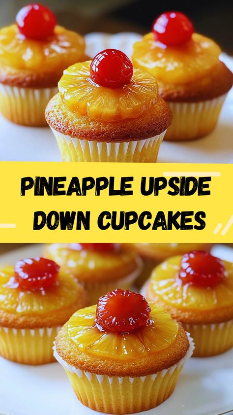 Why You’ll Love These Cupcakes:

🍍 Tropical Flavor: The caramelized pineapple and cherry topping brings a summery, fruity sweetness.
🧁 Single Serving: No slicing required—each cupcake is a perfectly portioned dessert.
💛 Quick & Easy: With just 15 minutes of prep and 20 minutes to bake, they’re ready in no time! Upside Down Cupcakes, Caramelized Pineapple, Pineapple Upside Down Cupcakes, Tropical Desserts, Retro Desserts, Friendsgiving Food, Cherry Cupcakes, Fluffy Cake, Cake Base