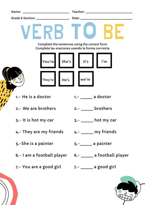 To Be Contractions Worksheets, Contraction Worksheet 3rd Grade, Contractions Worksheet, Contractions Activities, Character Trait Worksheets, Verbo To Be, Verb To Be, English Activities For Kids, Spelling Test