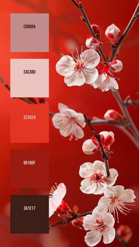 Colors:
C08B8A
EAC3BD
E23524
9B1B0F
3A1E17 Color Palette Skin Tone, Bright Red Background, Cherry Blossom Branches, Design Color Trends, Hex Color Palette, Cherry Blossom Branch, Flowers Drawing, Branding Resources, Color Meanings