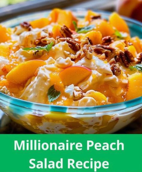 Easy Family Recipes | Enjoy this luxurious Millionaire Peach Salad, combining creamy ingredients with juicy peaches and marshmallows | Facebook Millionaire Peach Salad, Peach Salad Recipes, Large Wooden Bowl, Easy Family Recipes, Peach Salad, Easy Family Meals, Family Recipes, Marshmallows, Peaches