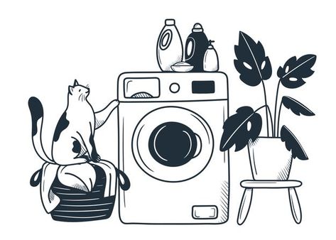 Washing Machine Tattoo, Cartoon Doodle, Machine Tattoo, Doodle Style, Bathroom Laundry, Vector Shapes, Happy Girl, Laundry In Bathroom, Tim Burton