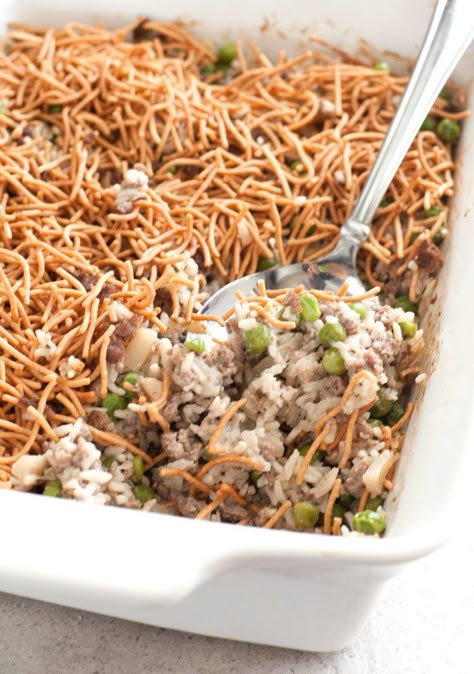 Chow Mein Noodle Casserole, Chow Mein Hotdish Recipe, Asian Beef And Rice, Chow Mein Hotdish, Ground Beef Chow Mein, Asian Casserole, Chinese Casserole, Chow Mein Casserole, Stir Fry Spaghetti