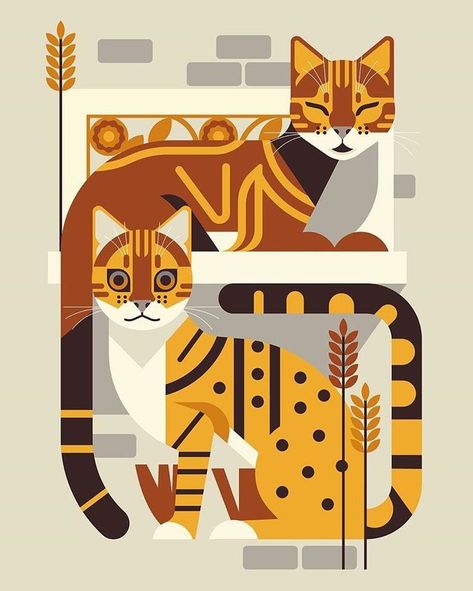 Cat Mural, Owen Davey, معرض فني, Geometric Prints, 카드 디자인, Animal Drawing, Two Cats, Art Et Illustration, Cats Illustration