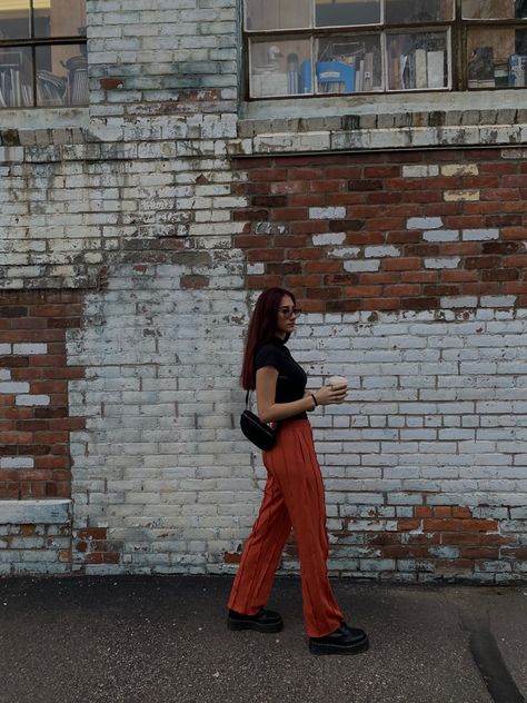 Fall outfit. Orange pants. Doc martins outfit. Rustic Aesthetic. Black. Dark feed. Detroit. Glasses outfit. Instagram Poses. Photo poses. Coffee. Walking poses Dark Orange Pants Outfit, Doc Martin Outfits, Orange Pants Outfit, Walking Poses, Glasses Outfit, Dark Feeds, Rustic Aesthetic, Orange Pants, Aesthetic Black