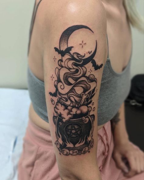 Witchy Leg Sleeve Tattoo, Witchy Skeleton Tattoo, Witch Aesthetic Tattoo Sleeve, Forearm Witchy Tattoo, Witchy Tattoo Ideas Goddesses, Witch Theme Tattoo Sleeve, Witch Tattoos, Witchcraft Tattoos, Sagittarius Tattoo Designs