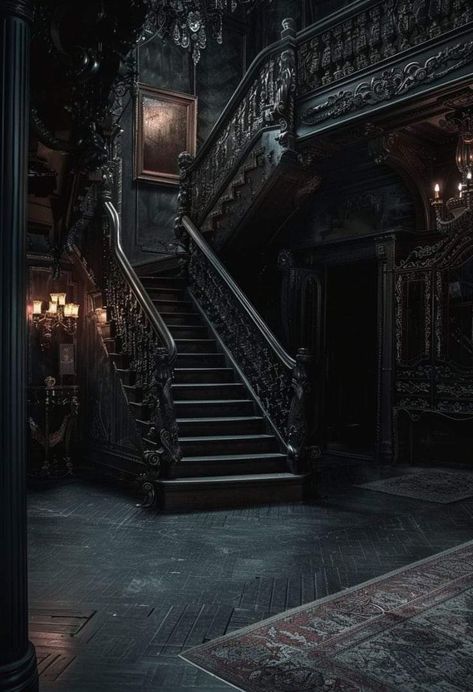 Gothic Manor Exterior, Gothic Mansion Exterior, Gothic Mansion Interior, Dark Mansion Aesthetic, Gothic Castle Interior, Haunted House Inspiration, Goth Mansion, Inside Mansions, Manor Exterior