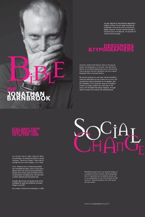 #typography #layout #design #graphicdesign #Typographer #biography #jonathanbarnbrook Booklet Layout Design, Jonathan Barnbrook, Graphic Design Layout, Booklet Layout, Profile Ideas, Art Bible, Graphic Design Layouts, Style Art, Graphic Designer