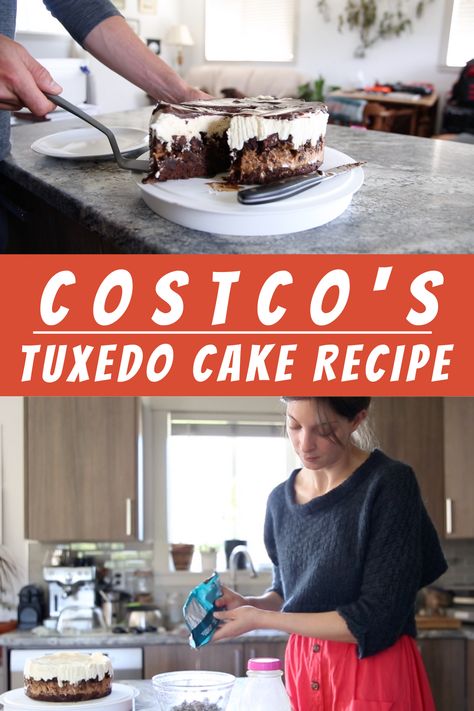 Tuxedo Mousse Cake Recipe, Costco Tuxedo Cake Copycat Recipe, Costco Vanilla Cake Recipe, Copycat Costco Vanilla Cake, Costco Tuxedo Cake Recipe, Tuxedo Cake Recipe Easy, Copycat Costco Vanilla Mousse, Costco Cake Filling Recipe, Chocolate Tuxedo Cake