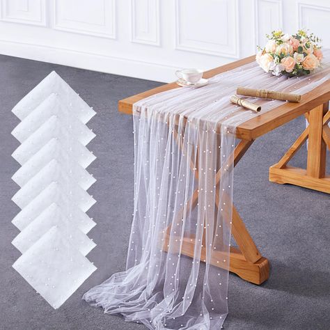 PRICES MAY VARY. ❤️ Pearl Tulle design: White Tulle Tablecloth can use as table cloth, table runner,wedding veil, certain or any other places you would like to décor it prettier. ❤️ White Tablecloth Size: 8 pieces of pearl tulle tablecloth, the size of each tablecloth is approximately 60x120 inch, Fits 6-10 seat table. ❤️ High Quality Workmanship: High quality mesh with smooth white pearl, flexible and soft. Pearls are sturdy.Easy to create natural draping and beautiful folds.Sheer elegance, wit White Table Runner Wedding, Tulle Table Runner, Dessert Table Decorations, Tulle Tablecloth, Veil Pearl, Tulle Decorations, Beaded Wedding Veils, Tulle Table, Dessert Table Decor