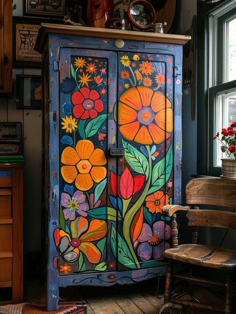 16 Whimsical Painted Furniture Ideas You Can't Ignore - Home Made Graceful Cabinet Door Painting Ideas, Furniture Flower Painting, Painting On Furniture Ideas, Hand Painted Dressers Bohemian, Wood Furniture Painting Ideas, Fun Painted Dresser, Home Furniture Design, Earthy Home Decor Ideas, Whimsical Home Decor Diy