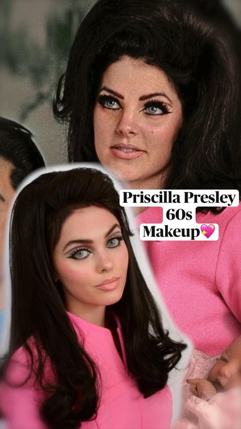 Gogo Girl Makeup, Priscilla Presley 60s, Priscilla Presley Halloween, Precillia Presley, Priscilla Presley Hair, 60s Makeup Tutorial, 70s Hair And Makeup, Hippie Makeup, Look Disco