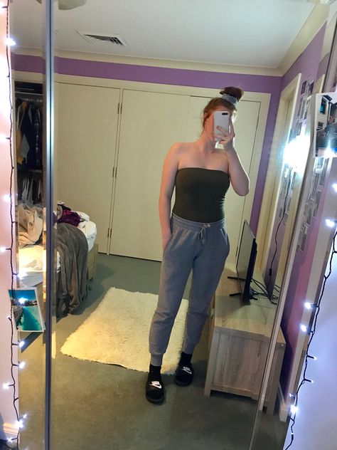 lazy day outfit green strapless grey trackies nike slides Nike Slides Outfit Women, Nike Slides Womens Outfit, Slides Outfit Women, Nike Slides Womens, Grey Trackies, Lazy Outfit, Nike Slides Outfit, Slides Outfit, Womens Outfit