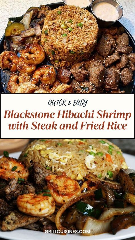 Treat yourself to an irresistible Blackstone hibachi steak and shrimp recipe. This easy-to-follow recipe combines tender steak and succulent shrimp, fried rice, fresh vegetables, soy sauce, garlic, and a hint of ginger, all cooked to perfection on your Blackstone griddle. Perfect for family dinners or large groups. Serve with fried rice or noodles for an authentic hibachi experience right at home! #HibachiRecipe #BlackstoneGriddle #SteakAndShrimp #AsianCuisine Hibachi Steak And Shrimp Recipe, Blackstone Hibachi, Hibachi Shrimp, Hibachi Fried Rice, Hibachi Steak, Hibachi Recipes, Soy Sauce Garlic, Steak And Rice, Steak And Shrimp