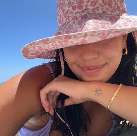 coconut summer girl ❀ Tiny Sun Tattoo, Ava Jules, Cowboy Hat Tattoo, Coconut Summer, Summer Tattoo, Sun Tattoos, Small Hand Tattoos, Sun Tattoo, Everything And Nothing