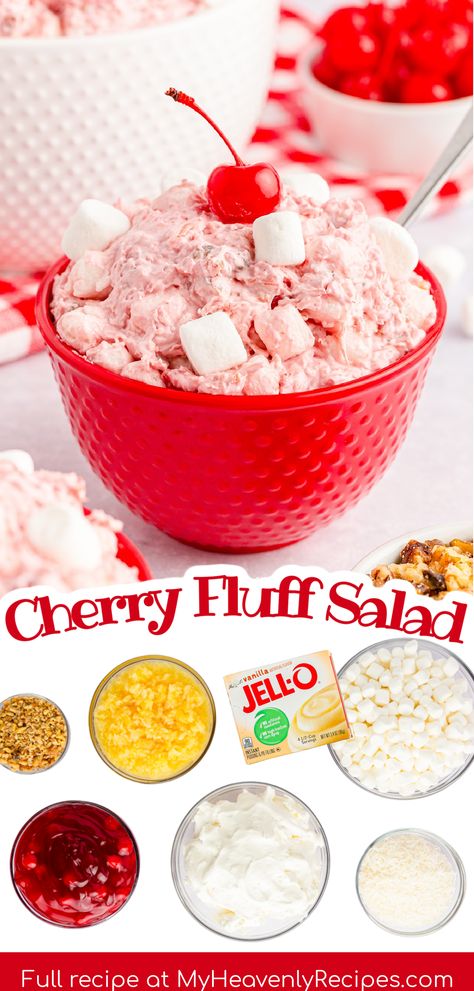 Cherry Marshmallow Fluff, Cherry Pineapple Jello Salad, Coolwhip Jello Fluff, Cherry Pineapple Fluff, Fruit Cocktail Fluff, Jello Fluff Recipes, Fruit Fluff Salad, Jello Fluff Salad, Cherry Fluff Salad