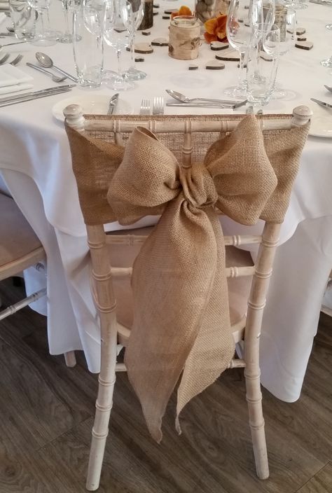 Hessian Chair Sash, Rustic Wedding Chair Decor, Hessian Wedding Ideas, Burlap Aisle Runner Wedding, Jute Wedding, Burlap Chair Sashes, Hessian Wedding, Bridal Shower Chair, Burlap Chair