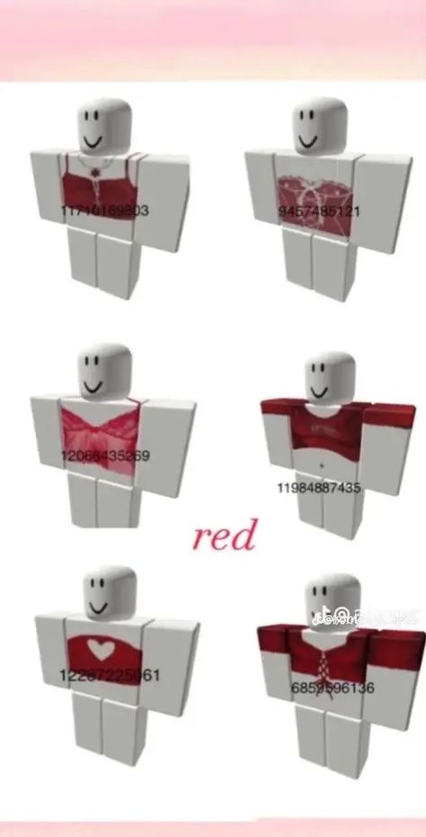 Roblox Clothes Codes, Blocksburg Outfit Codes￼, Code Clothing, Red Shirts, Roblox Ids, Bloxburg Outfits, Code Clothes, Clothes Codes, Coding Shirts