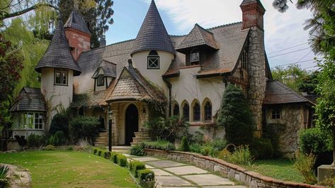 Storybook Style Homes - Annilee B Waterman Design Storybook Tudor Cottage, House Plans With Turret, Storybook Farmhouse, Storybook Mansion, Whimsical House Exterior, Storybook Style Homes, Fairytale Cottage Floor Plans, Small Castle House Plans, Modern Craftsman House Exterior