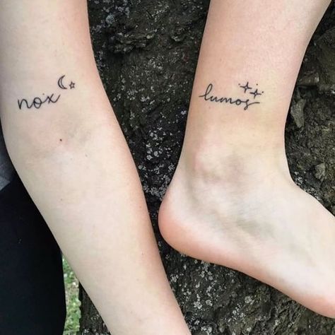 If you're a couple who loves Harry Potter, team up and get a matching tattoo. From subtle wands to Deathly Hallows symbols, the ideas are endless. Matching Couple Harry Potter Tattoos, His And Hers Harry Potter Tattoos, Harry Potter Tattoos Friends, Bestie Harry Potter Tattoos, Brother Sister Tattoo Harry Potter, Matching Deathly Hallows Tattoo, Tiny Hp Tattoo, Matching Harry Potter Tattoos Sisters, Mischief Managed Tattoo Matching