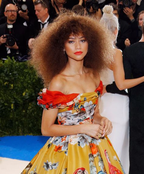 Zendaya Curly Hair, Hair Red Carpet, Curly Hair Red, Zendaya Met Gala, Huge Hair, Red Carpet Hair, Celebrity Look Alike, Hair Red, Looks Style