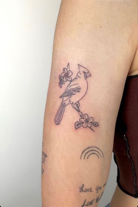 Cardinal on a branch with 2 flowers Cardinal Tattoo With Quote, Line Work Cardinal Tattoo, Small Cardinal Tattoo With Flowers, Daisy And Cardinal Tattoo, Flower Cardinal Tattoo, Tattoo Ideas Female Cardinal, Cardinal On Flower Tattoo, Cardinal Arm Tattoos For Women, Pretty Cardinal Tattoo