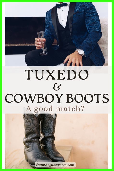 tuxedo and cowboy boots Groom Suit With Cowboy Boots, Formal Cowboy Outfits Men Wedding, Tuxedo With Cowboy Boots, Tux With Cowboy Boots, Cowboy Formal Wear Men, Cowboy Boots Outfit Mens, Suit With Cowboy Boots, Cowboy Tuxedo, Navy Tux