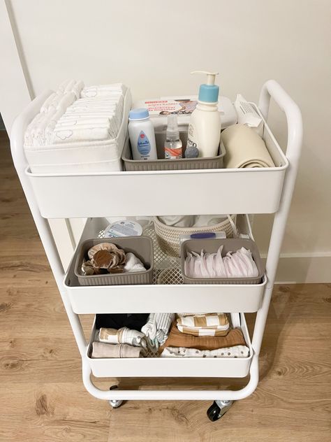 Nursery Utility Cart, Nursery Cart Essentials, Nappy Trolly Ideas, Diaper Cart Gift, Baby Bedside Cart, Baby Storage Cart, 3 Tier Rolling Cart Ideas Baby, Bedside Baby Cart, 3 Tier Cart Organization Baby