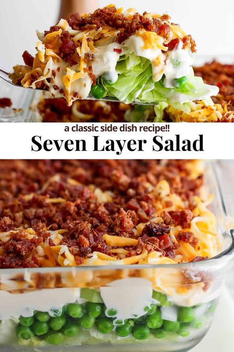 Seven Layer Salad - Our classic Seven Layer Salad recipe with a few (healthier) twists! Always a hit and easy to make! Perfect for family gatherings or holidays! #sevenlayersalad #sevenlayersaladrecipe #sevenlayersaladrecipeclassic #sevenlayersaladdressing #sevenlayersaladrecipeeasy Layers Salad Recipes, Lettuce And Pea Salad, Dinner Salad Recipes Side Dishes, Salads To Go With Turkey Dinner, Top Rated Salads, Healthy Layered Salad Recipes, Easy Green Salad Recipes Simple, Game Day Salad, 7 Layer Lettuce Salad Recipe