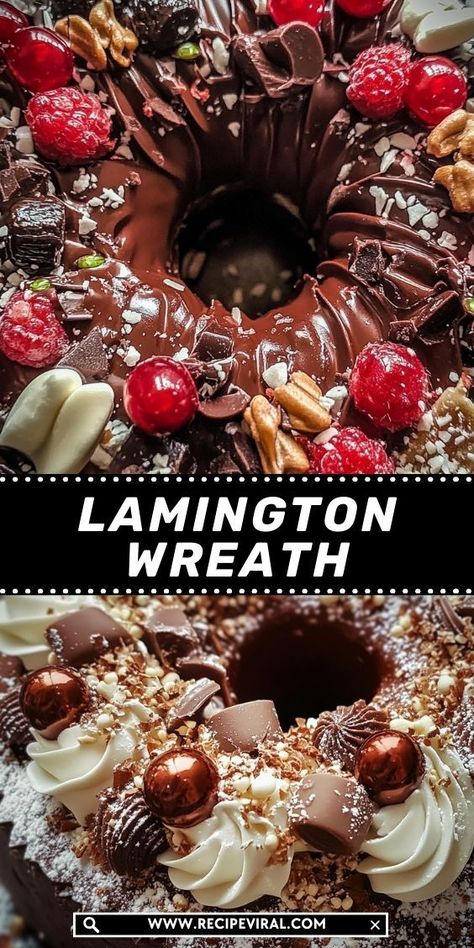 A delightful twist on classic lamingtons, this wreath-shaped dessert is as simple to make as it is impressive to serve. Impressive Christmas Dessert, Wreath Recipe, Festive Snacks, Rich Cake, Dessert Spread, Traditional Sweets, Treats To Make, Dessert Candles, Holiday Dessert