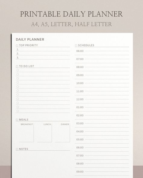 Minimalist Daily Planner Printable | Printable Planner Refills | Printable Hourly Planner pdf | Daily Schedule Template | Daily To Do List notiontemplate #readingplanner #itineraryplanner #plrplanner⏲. Planner Layout Templates, Homemade Planner, Printable Organization, Daily Planner Printables Free, Daily Planner Hourly, Daily Schedule Template, Itinerary Planner, Daily To Do List, Daily Planners