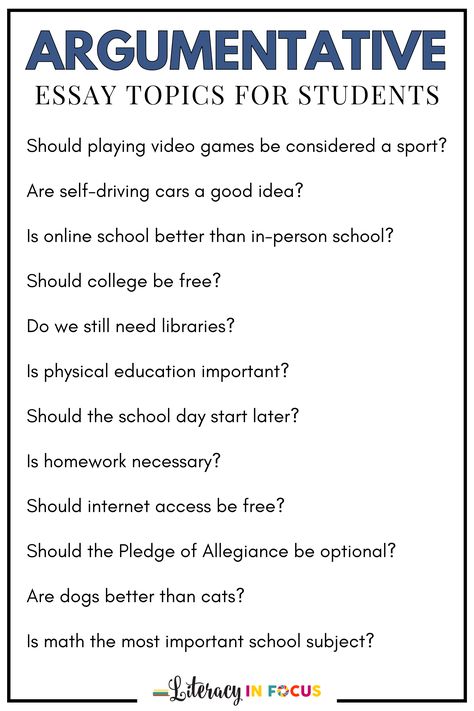 This list of engaging and relevant argumentative essay topic ideas is perfect for students in upper elementary and middle school. Add them to your argument writing unit! Students will love the variety of high-interest ideas. 20 argumentative essay topics for 5th to 8th grade students are included. Click to see all 20 topics today or save this pin for later! #argument #writing Tips For Essay Writing High Schools, Good Argument Topics, High School Argumentative Essay, Essay Prompts Middle School, Argumentative Essay Examples Student, Argument Essay Topics, Interesting Essay Topics, Topics For Essays High Schools, Topics For Argumentative Essays