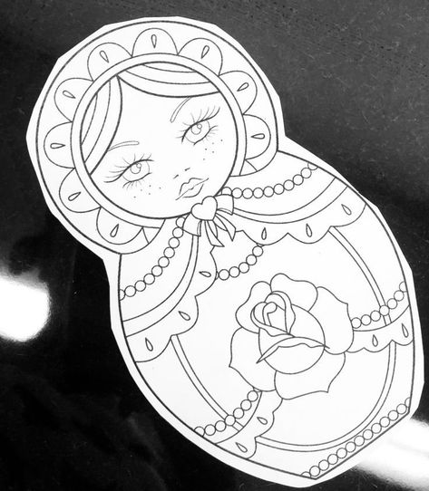 Russian Nesting Dolls Drawing, Russian Doll Tattoo Design, Russian Doll Drawing, Russian Doll Tattoo Small, Russian Doll Tattoo Traditional, Russian Tattoo Traditional, Nesting Dolls Drawing, Russian Tattoo Ideas, Doll Tattoo Ideas