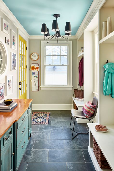 Colorful Mudroom, Transitional Entry, Top Paint Colors, Yellow Front Doors, Slate Floor, Mudroom Makeover, Bold Paint Colors, Mudroom Design, Slate Flooring