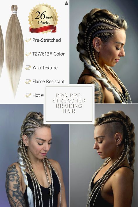 Achieve stunning braided hairstyles effortlessly with the Easy Braid Professional Pre-Stretched Braiding Hair Extensions. Made with high-quality synthetic fiber, these extensions have a soft yaki texture that looks and feels like human hair. They are itch-free and can be easily styled using hot water. Perfect for professional use, these extensions come in a 26-inch length and are available in various colors. Get ready to turn heads with your flawless braided looks! Braided In Colored Extensions, Braids With Extensions Color Tutorial, Colorful French Braids Extensions, How To Festival Braids With Color Extensions, How To Braid In Colored Extensions, French Braids With Extensions, Hairstyle References, Sew In Braids, Yaki Hair