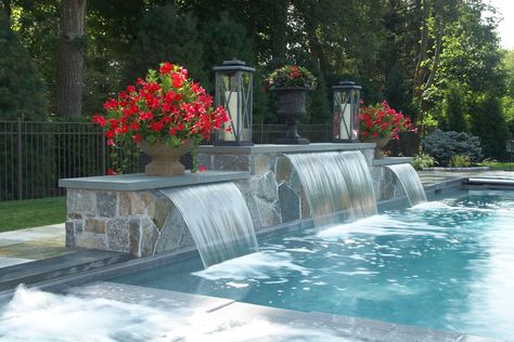 Waterfall Designs, Pool Waterfalls, Swimming Pool Fountains, Swimming Pool Waterfall, Rectangle Pool, Dream Backyard Pool, Water Feature Wall, Pools Backyard Inground, Modern Pool