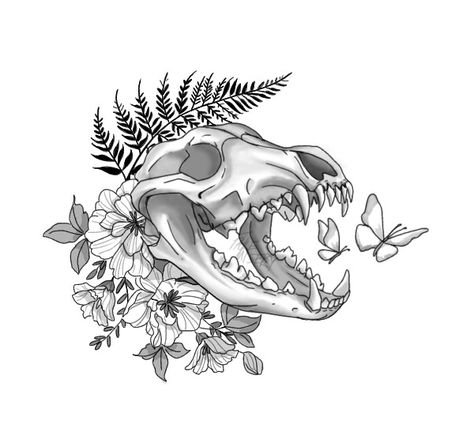 Snow Leopard Skull, Animal Skull Sleeve Tattoo, Wolf Skull Tattoo Flowers, Wolf Skull Tattoo Design, Coyote Skull Drawing, Jaguar Skull Tattoo, Canine Skull Tattoo, Coyote Skull Tattoo, Animal Skull Tattoo Flowers