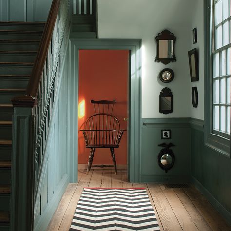 The vibrant hues, rich shades and classic neutrals of early American design will never go out of style. We created the Williamsburg® Paint Color Collection so you can turn your entryway and entire home into the timeless relic it truly is. Colors // (Stairs & Wainscoting): Williamsburg Wythe Blue CW-590, Regal Select, Semi-Gloss. (Walls): Palace Pearl CW-650, Regal Select, Eggshell. (Back Hall): Claret CW-305, Regal Select, Eggshell. Benjamin Moore Historical Colors, Historic Paint Colours, Wythe Blue, Historic Colours, Farmhouse Paint Colors, Wood Front Doors, Paint Colors Benjamin Moore, Interior Paint Colors, Painting Trim