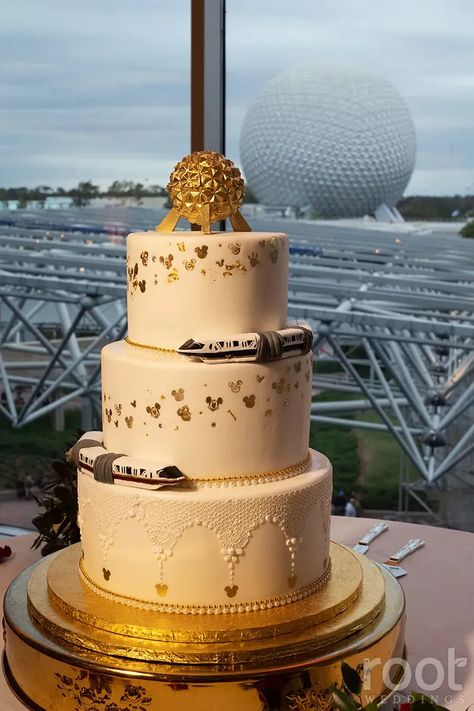 Monorail wedding cake at GM Lounge in front of Epcot's Spaceship Earth Epcot Ball, Epcot Wedding Photos, Hidden Mickey Wedding Cake, Epcot Uk Pavilion, Flower And Garden Festival Epcot, Disney Wedding, Blog Photography, Wedding Cakes, Wedding Photography