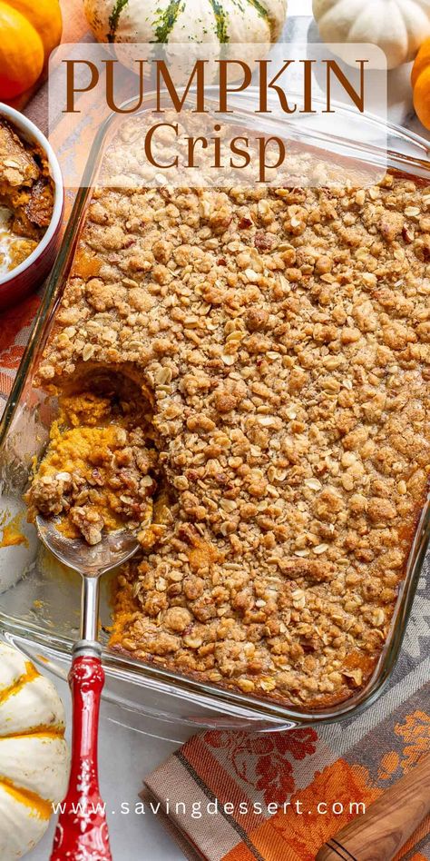 If you love Pumpkin Pie and oaty cinnamon streusels, you're going to love this easy Pumpkin Crisp! This fool-proof recipe doesn't require any baking skills and is a real crowd pleaser. #pumpkincrisp #crisp #pumpkinrecipe #pumpkindessert #pumpkinpiecrisp Holiday Desserts Halloween, Easy Holiday Desserts Christmas, Holiday Desserts Thanksgiving, Pumpkin Recipes Dinner, Pumpkin Crisp, Pumpkin Puree Recipes, Holiday Desserts Christmas, Pumpkin Recipes Healthy, Savory Pumpkin Recipes