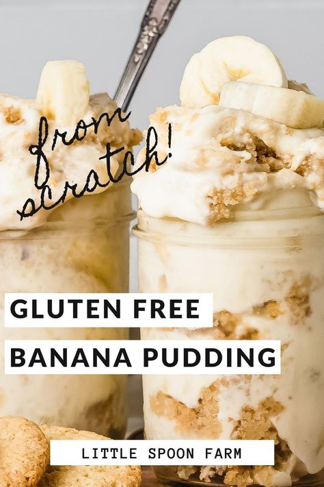 Banana pudding made from scratch with homemade, gluten free Nilla Wafers is hands down, the BEST banana pudding recipe ever! Homemade vanilla pudding is folded into a thick whipped cream that's been blended with cream cheese and then layered between slices of bananas and cookies. It's rich, creamy and bursting with banana flavor. Gf Banana Pudding, Gluten Free Banana Pudding Recipe, Gluten Free Nilla Wafers, Banana Wafer Pudding, Thick Whipped Cream, Gluten Free Banana Pudding, Best Banana Pudding Recipe, Healthy Banana Pudding, Gluten Free Pudding