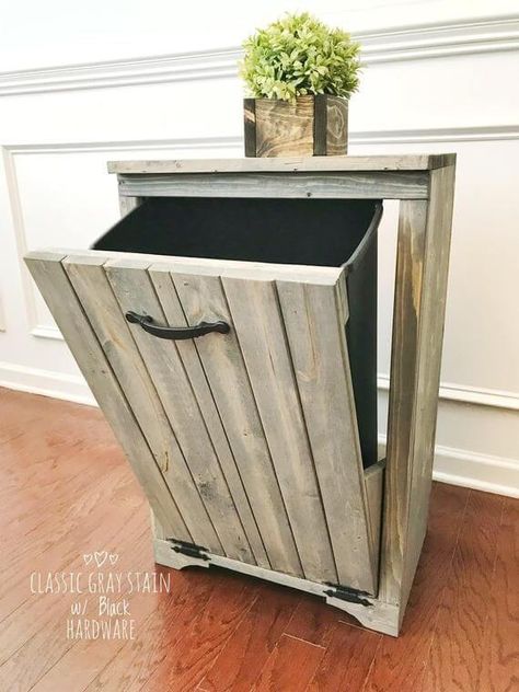 Kitchen Trash Can Ideas, Modern Kitchen Trash Cans, Trash Can Ideas, Cabin Indoor, Wooden Trash Can, Can Ideas, Trash Can Cabinet, Kitchen Trash Can, Kitchen Trash