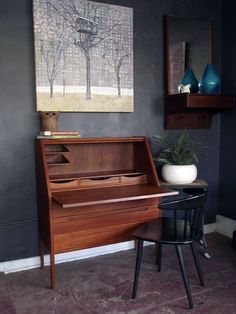 More Like Home: DIY Desk Series #4 - Classic Secretary Desk Homework Nook, Hay Chair, Vintage Mid Century Furniture, Mid Century Modern Desk, Desk Inspiration, Secretary Desk, Dark Wall, Modern Mid Century, Plywood Furniture