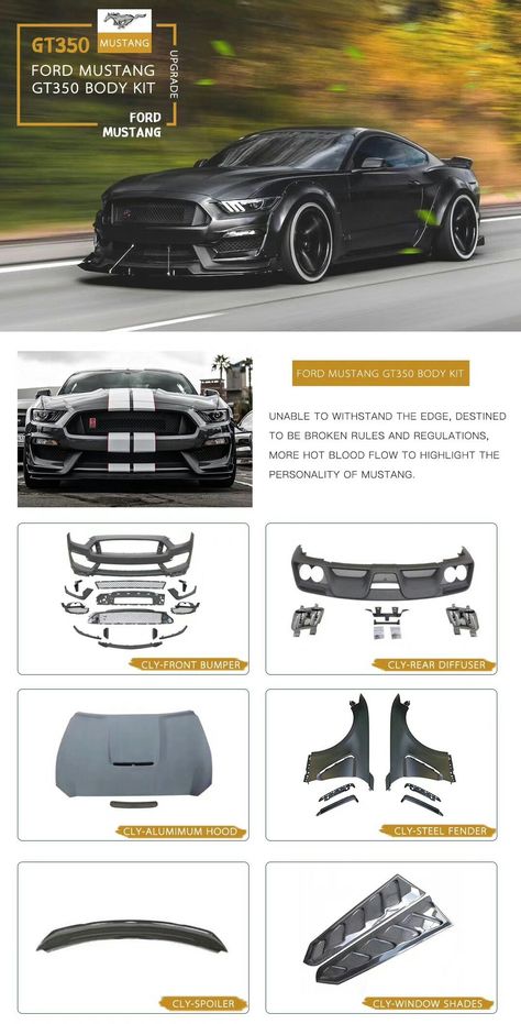 Mustang GT350 Bodykit hood fender Spoiler 1:1 pp material 2015 Mustang Gt Custom, Modified Mustang Gt, Mustang Upgrades, Mustang Spoiler, Mustang Modified, Mustang Mods, Mustang Drift, Mustang Body Kit, 2020 Mustang