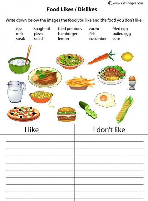 food - vegetable - fruit like/don't like easy worksheets & flashcards Food Worksheet, Food Vocabulary, English Exercises, English Grammar Worksheets, Likes And Dislikes, English Worksheets For Kids, Kids English, English Classroom, English Resources