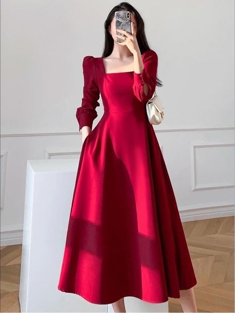 Red Color Frocks For Women, Christmas Gowns Classy, Korean Fashion Dress Classy Women, Elegant Printed Satin Dress, Highneck Blouse Indian Dresses, Satin Frock Design, Red Satin Dress Outfit, Elegant Dress For Wedding Guest, Red Modest Dress