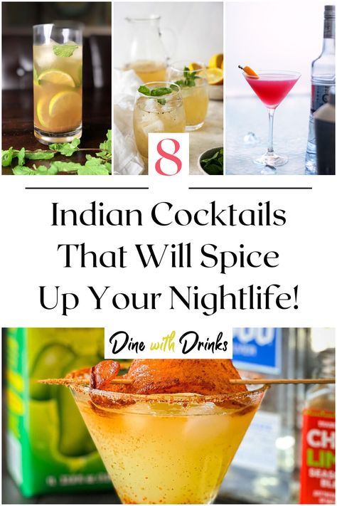 Collage of 4 indian cocktails. Indian Beverages, Indian Cocktail Recipes, Indian Cocktails Recipes, Indian Drinks Alcohol, Diwali Cocktails, Indian Inspired Cocktails, Indian Cocktails, Alcohol Spirits, Indian Drinks