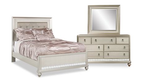 Short Headboard, Diva Bedroom, Bedroom Silver, Bed Dresser, Chic Mirror, Queen Upholstered Bed, 7 Drawer Dresser, Set Bedroom, Dresser Mirror