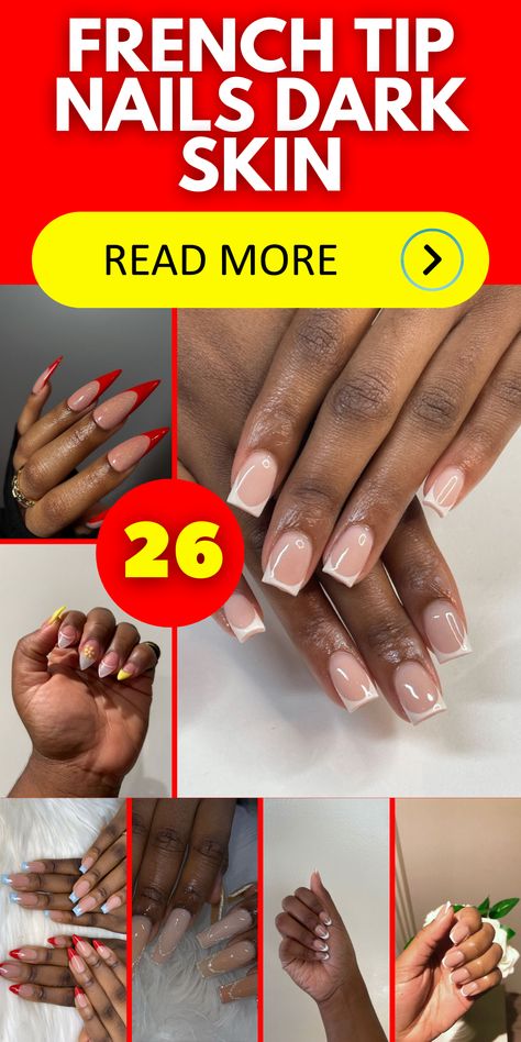 French tips: Create a seamless transition of color with gradient French tips. Choose two or more shades within the same color family, such as different shades of pink or purple, and create a gradient effect from the base to the tip of the nails. This creates a visually stunning and unique French tip design that complements dark skin tones. Nail Designs For Black Women, Nail Ideas For Dark Skin, French Tip Nails Design, Natural Nail Color, Dark Skin Nail Color, French Manicure With A Twist, French Tip Nail Ideas, Tip Nail Ideas, Colored French Tips