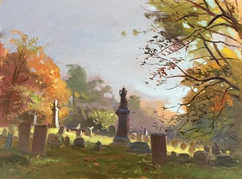 Mountainview Cemetery in Cambridge, Vermont by Karen Winslow Cemetery Painting Canvas, Graveyard Painting, Graveyard Art, James Gurney, Herb Art, Cadmium Yellow, Ghost Party, A Level Art Sketchbook, Limited Palette